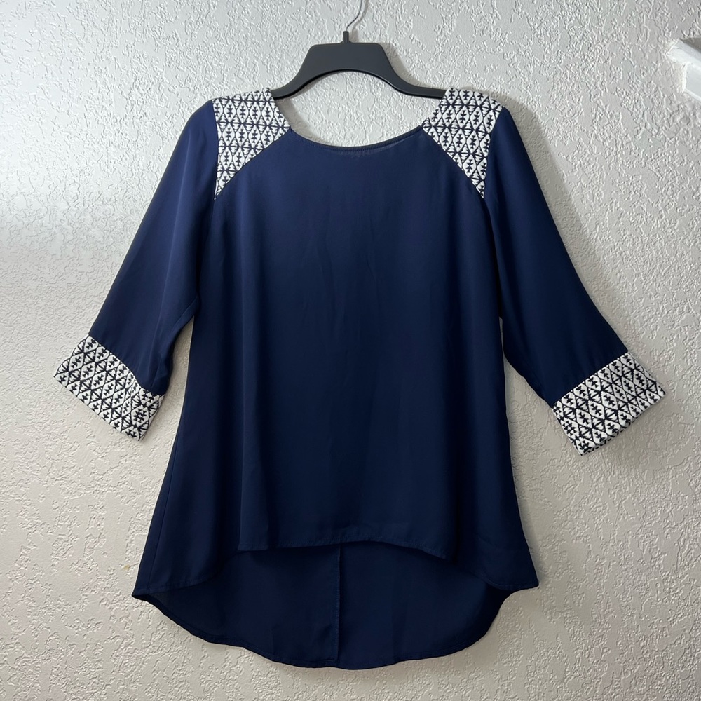 THML Navy White High Low Boho Bohemian Ethnic Blouse Casual long sleeve Tops